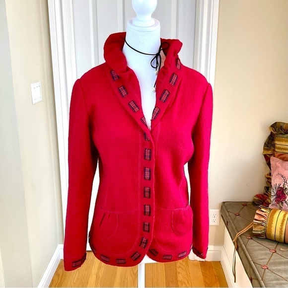 Coldwater Creek Sweaters - Coldwater Creek Wool Jacket Cardigan in Red with Woven Black Plaid Ribbon (S)